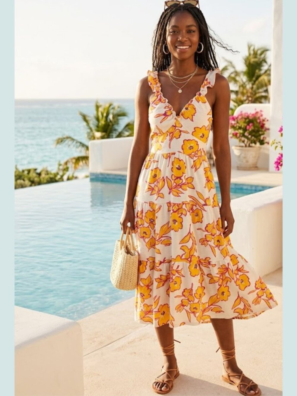 MONTEAU Floral Ruffle Tiered Midi Dress Summer Sundress Vacation Chic Boho Beach